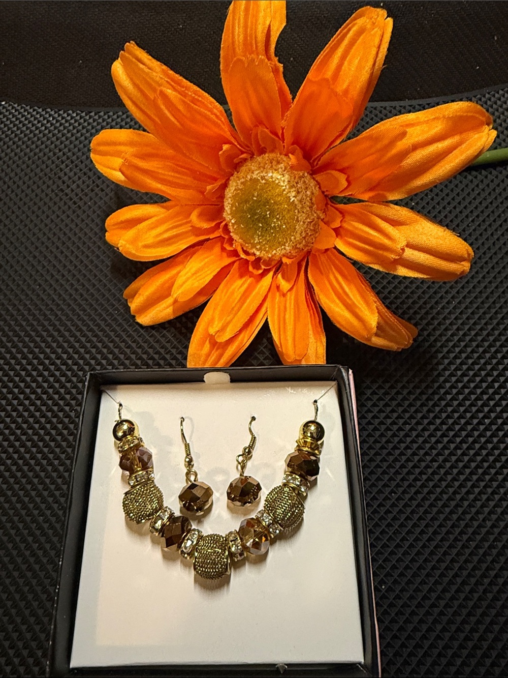 Gold and Brown Beaded Necklace and Earring Set - Women Jewelry